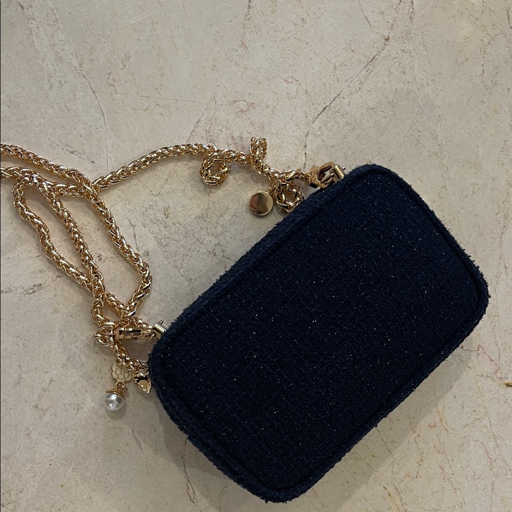 Chanel Tweed  Navy Cosmetics Bag with Charm Gold Chain - Picture 9 of 15